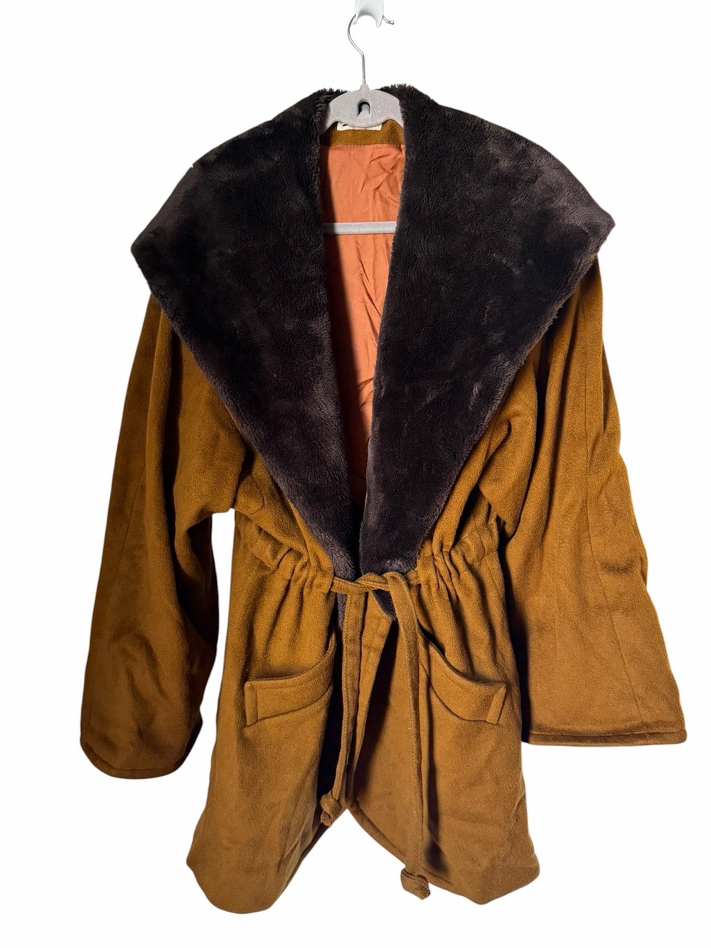 Vintage 100% Pure Wool Tan Brown Coat Dark Brown Faux-Fur Collar Hood Belted